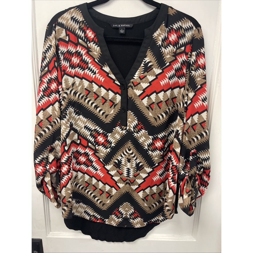 Zac Rachel Blouse Aztec Print on Black Adjustable Sleeves Fall Winter Large